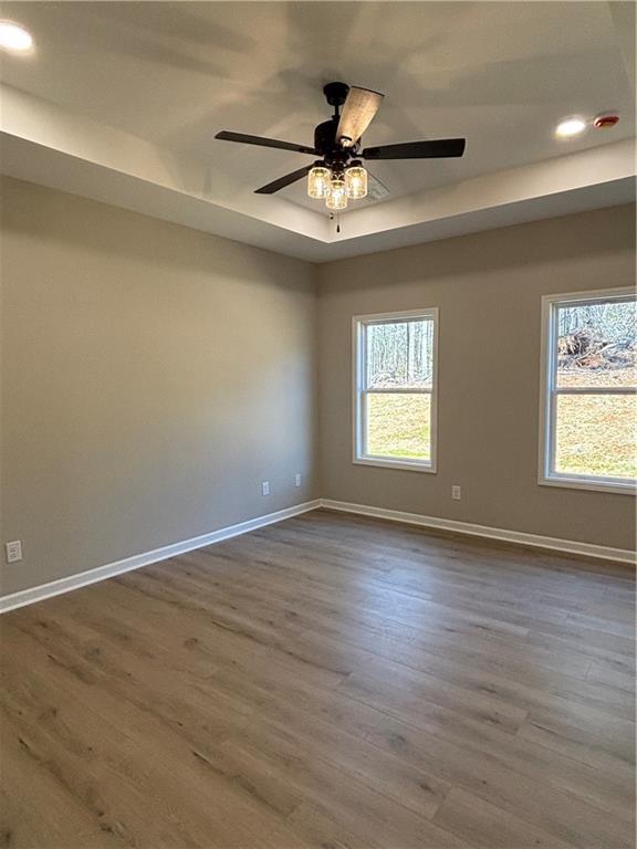 empty room with dark wood-type flooring, a wealth of natural light, a tray ceiling, and baseboards