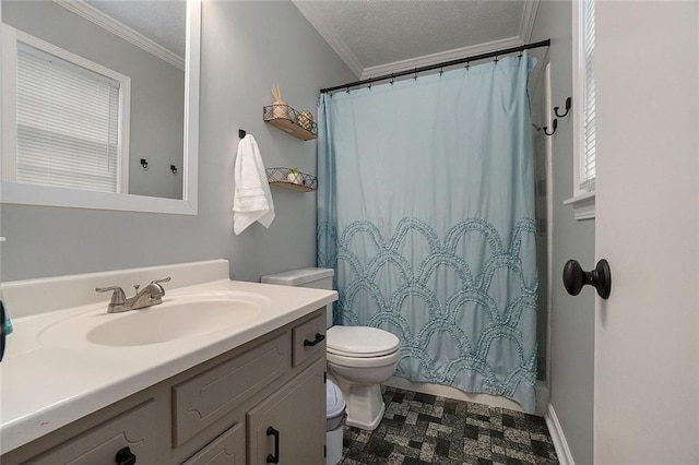 bathroom with crown molding, a textured ceiling, toilet, vanity, and a shower with shower curtain