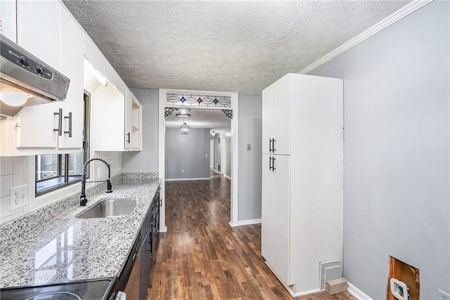 96 S Forty Pass S, Hiram, GA 30141 - kitchen featuring dark wood-type flooring, a textured ceiling, light stone countertops, white cabinets, and under cabinet range hood