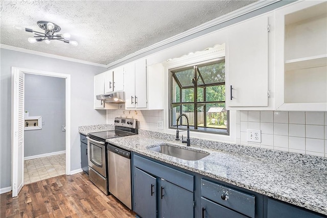 96 S Forty Pass S, Hiram, GA 30141 - kitchen featuring stainless steel appliances, crown molding, blue cabinets, white cabinets, and dark wood finished floors