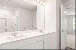 full bath featuring double vanity, a shower, and a sink