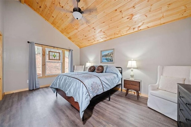 bedroom with hardwood / wood-style flooring, wood ceiling, and high vaulted ceiling