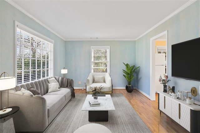 living room featuring ornamental molding and hardwood / wood-style floors