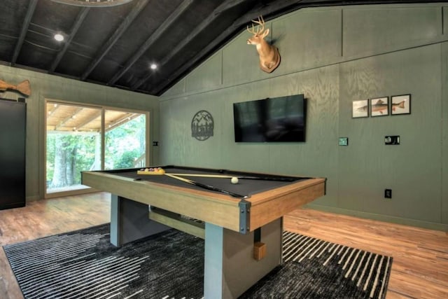 playroom with lofted ceiling with beams, billiards, wood finished floors, and baseboards