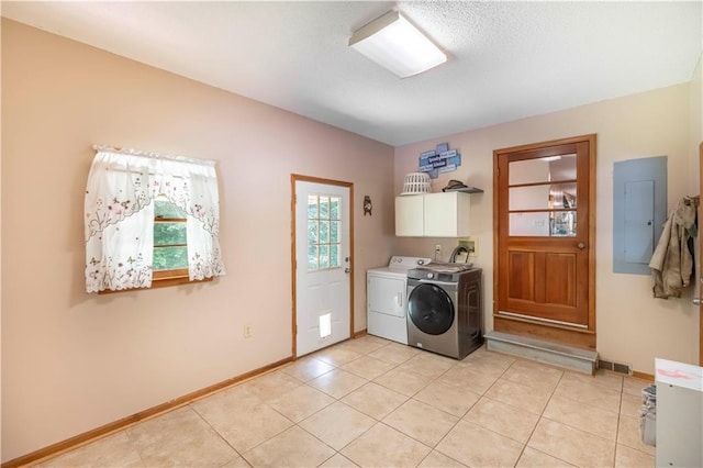 5670 Lanny Dr, Powder Springs, GA 30127 - laundry room featuring electric panel, cabinet space, washing machine and clothes dryer, and light tile patterned flooring