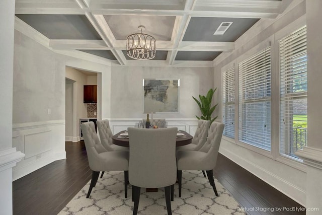 1231 Fawndale Dr NW, Kennesaw, GA 30152 - dining room with a chandelier, dark wood-style flooring, coffered ceiling, beamed ceiling, and a wainscoted wall