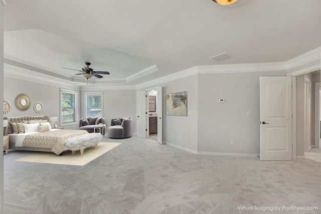 1231 Fawndale Dr NW, Kennesaw, GA 30152 - carpeted bedroom with crown molding, a tray ceiling, baseboards, and ceiling fan