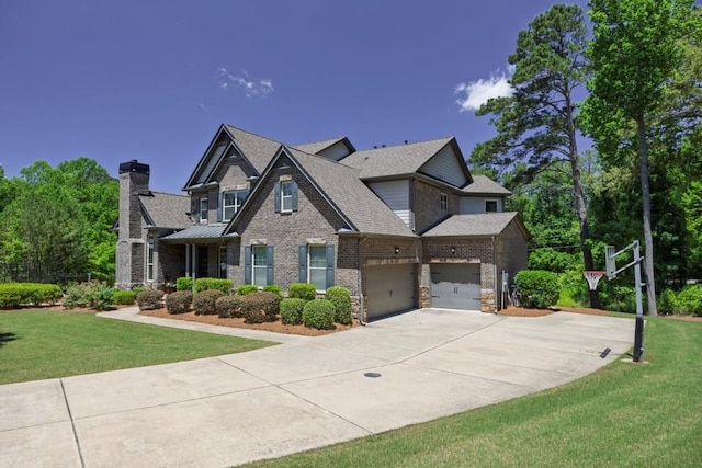 1231 Fawndale Dr NW, Kennesaw, GA 30152 - craftsman inspired home featuring driveway, a front yard, brick siding, a shingled roof, and a chimney