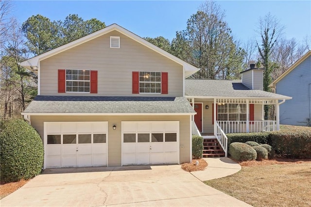 tri-level home featuring driveway, roof with shingles, an attached garage, covered porch, and a chimney