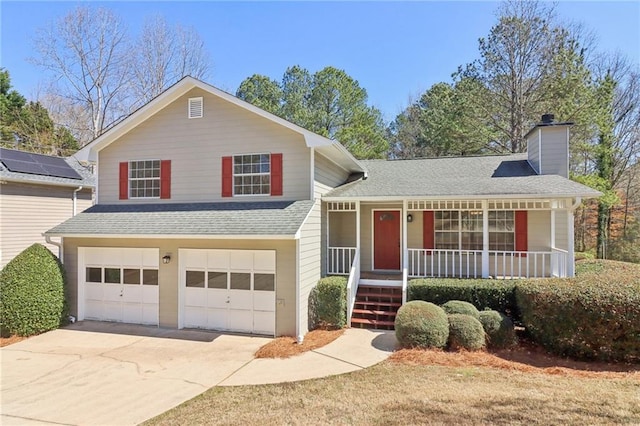 tri-level home with a shingled roof, a porch, concrete driveway, a chimney, and an attached garage