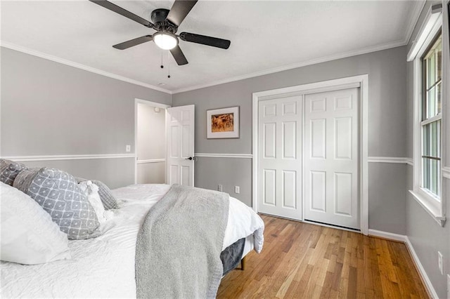 bedroom with ornamental molding, hardwood / wood-style floors, ceiling fan, and a closet