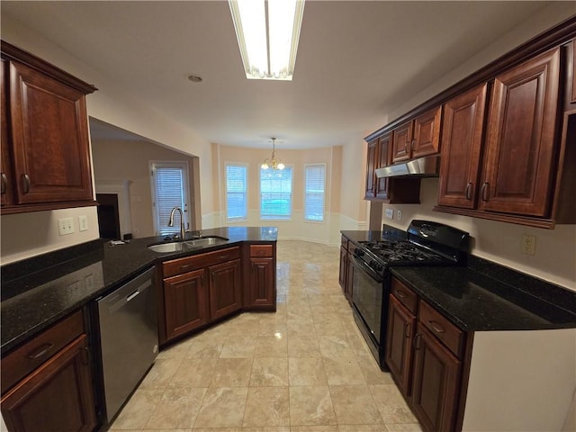 kitchen with sink, hanging light fixtures, dark stone countertops, black gas range oven, and dishwasher