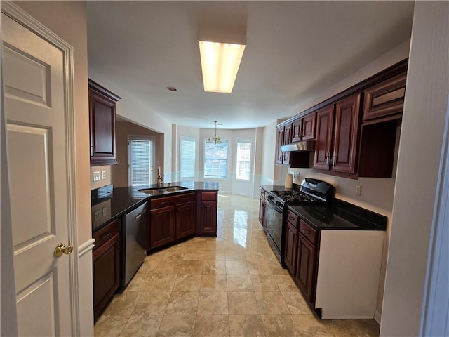 kitchen featuring dishwasher, sink, pendant lighting, and black range with gas stovetop