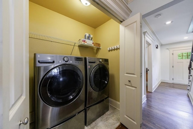 2668 Jefferson Ter, East Point, GA 30344 - laundry room featuring washing machine and clothes dryer, baseboards, wood finished floors, and recessed lighting