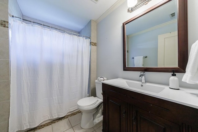2668 Jefferson Ter, East Point, GA 30344 - bathroom featuring ornamental molding, tile patterned flooring, toilet, vanity, and curtained shower