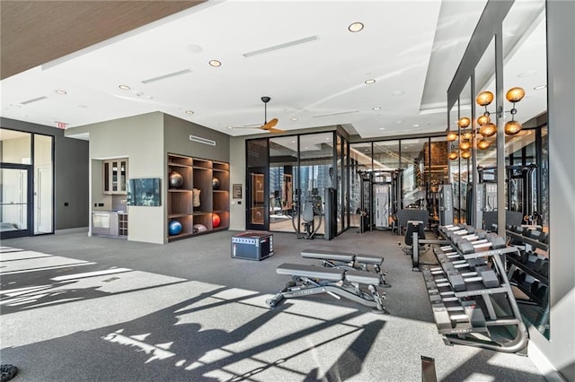 workout area featuring ceiling fan