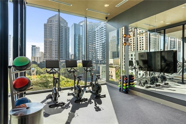 workout area with a wall of windows and plenty of natural light