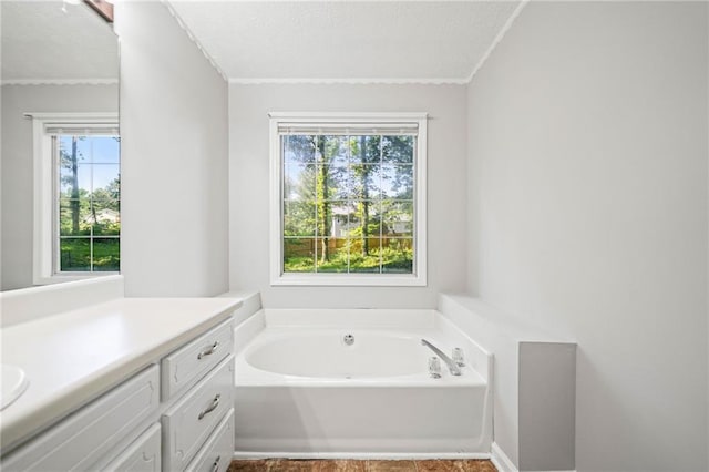 94 Park Ave W, Dallas, GA 30157 - full bathroom with a garden tub, vanity, ornamental molding, and a textured ceiling