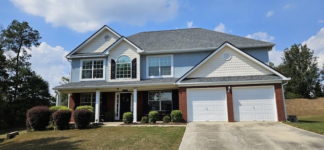 view of front of property with a garage, a front lawn, and a porch