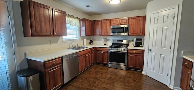 kitchen with sink, dark wood-type flooring, and stainless steel appliances