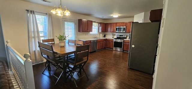 kitchen featuring pendant lighting, a chandelier, dark wood-type flooring, sink, and stainless steel appliances