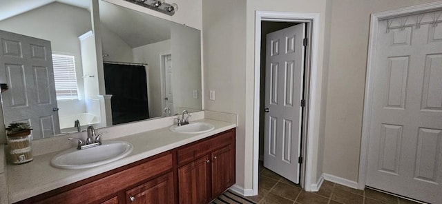 bathroom with vanity, tile patterned flooring, and separate shower and tub