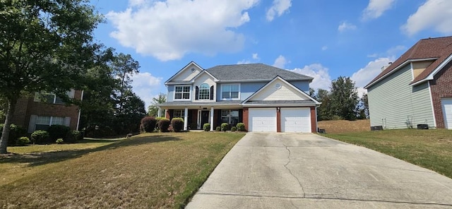 view of front of house with a garage, a porch, and a front lawn