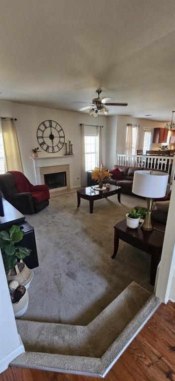 living room featuring wood-type flooring and ceiling fan