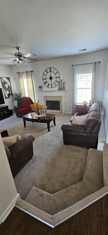 living room with ceiling fan and hardwood / wood-style floors