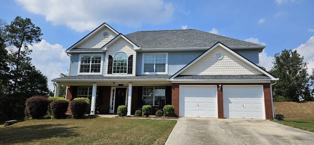 view of front of house with a front yard, a porch, and a garage