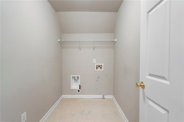 clothes washing area with hookup for a washing machine, electric dryer hookup, light carpet, and gas dryer hookup