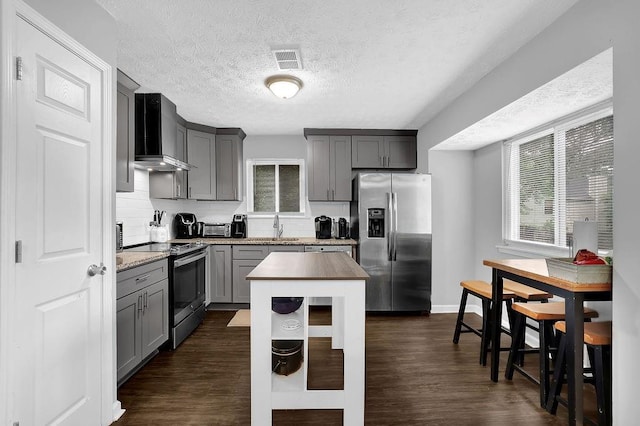 5461 Forest Path Ct, Stone Mountain, GA 30088 - kitchen with stainless steel appliances, gray cabinets, wall chimney exhaust hood, a sink, and plenty of natural light