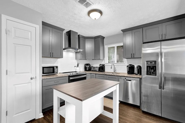 5461 Forest Path Ct, Stone Mountain, GA 30088 - kitchen with appliances with stainless steel finishes, wall chimney exhaust hood, a sink, gray cabinetry, and a textured ceiling