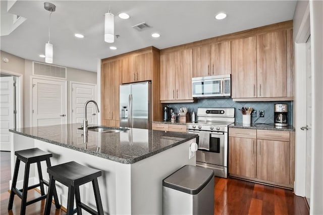 kitchen with tasteful backsplash, visible vents, appliances with stainless steel finishes, dark wood-type flooring, and a sink