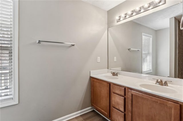 bathroom with vanity and wood-type flooring