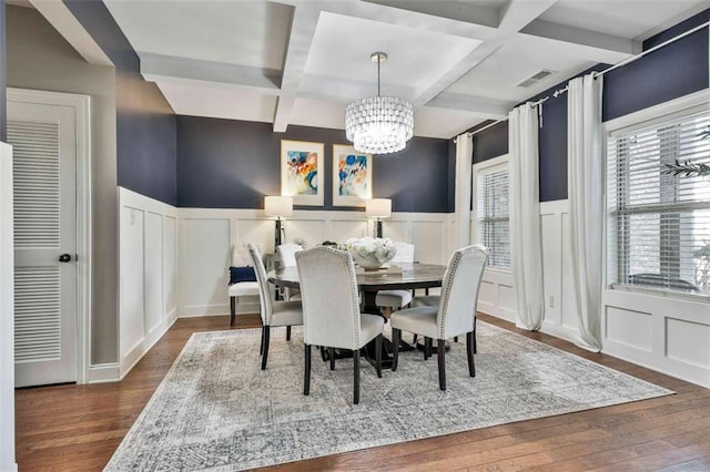 dining room featuring a decorative wall, visible vents, wainscoting, and coffered ceiling