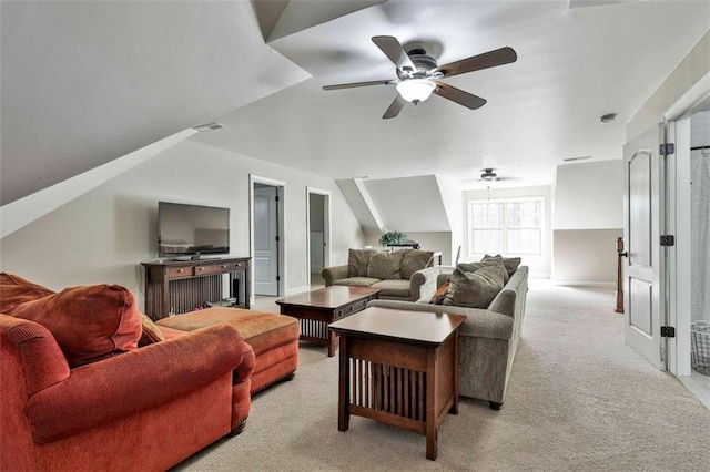 living room with ceiling fan, light carpet, and visible vents