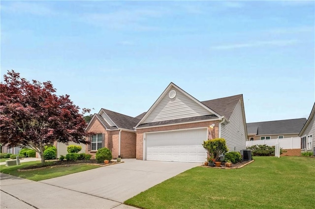 ranch-style home with central AC unit, a front lawn, and a garage