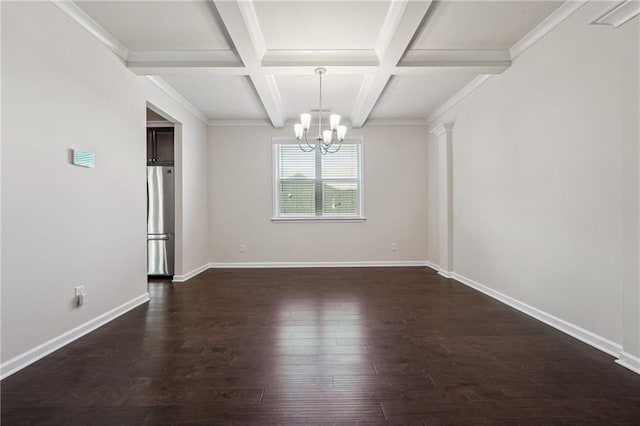 unfurnished dining area featuring dark wood-style flooring, beamed ceiling, baseboards, coffered ceiling, and a notable chandelier