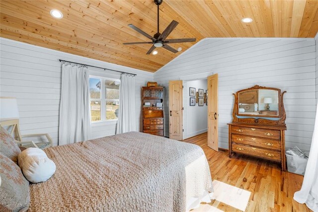 bedroom featuring lofted ceiling, recessed lighting, wooden ceiling, light wood-style floors, and a ceiling fan