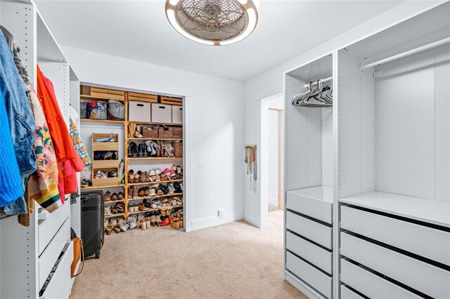 walk in closet with light colored carpet