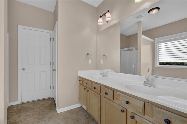 5040 Stonehaven Vw, Cumming, GA 30040 - full bathroom with double vanity, a shower stall, tile patterned flooring, and baseboards