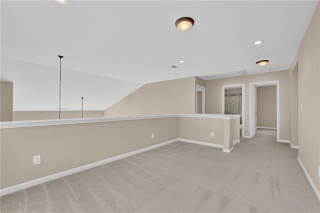 5040 Stonehaven Vw, Cumming, GA 30040 - empty room with light carpet, baseboards, recessed lighting, attic access, and lofted ceiling