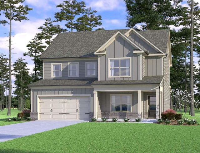 craftsman-style house with driveway, brick siding, board and batten siding, and a front lawn