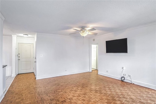 unfurnished living room with light parquet flooring, ornamental molding, a textured ceiling, and ceiling fan