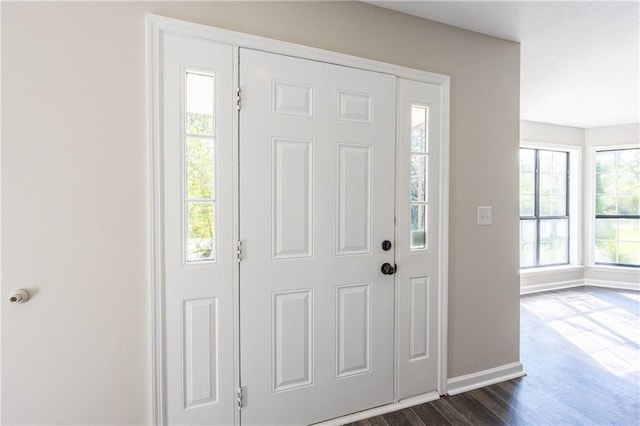 foyer entrance featuring baseboards and dark wood finished floors