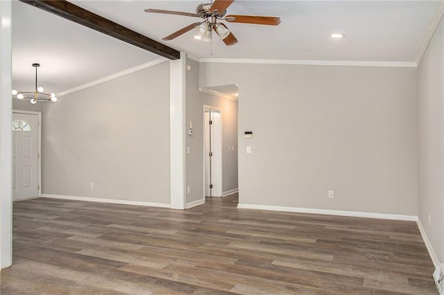 unfurnished room featuring ceiling fan with notable chandelier, vaulted ceiling with beams, dark hardwood / wood-style floors, and crown molding