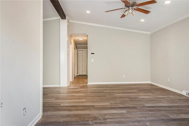 spare room with hardwood / wood-style floors, vaulted ceiling with beams, ceiling fan, and crown molding