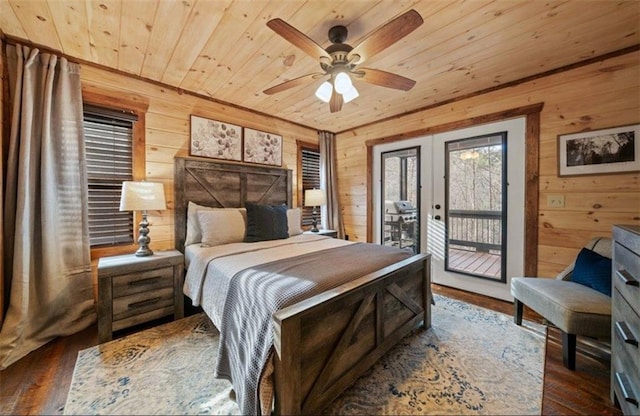 bedroom with wood walls, wooden ceiling, access to outside, french doors, and hardwood / wood-style floors