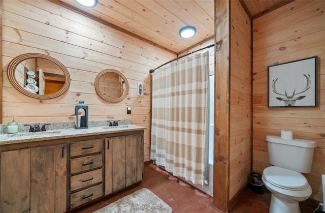 full bathroom with wood walls, toilet, wood ceiling, and double vanity